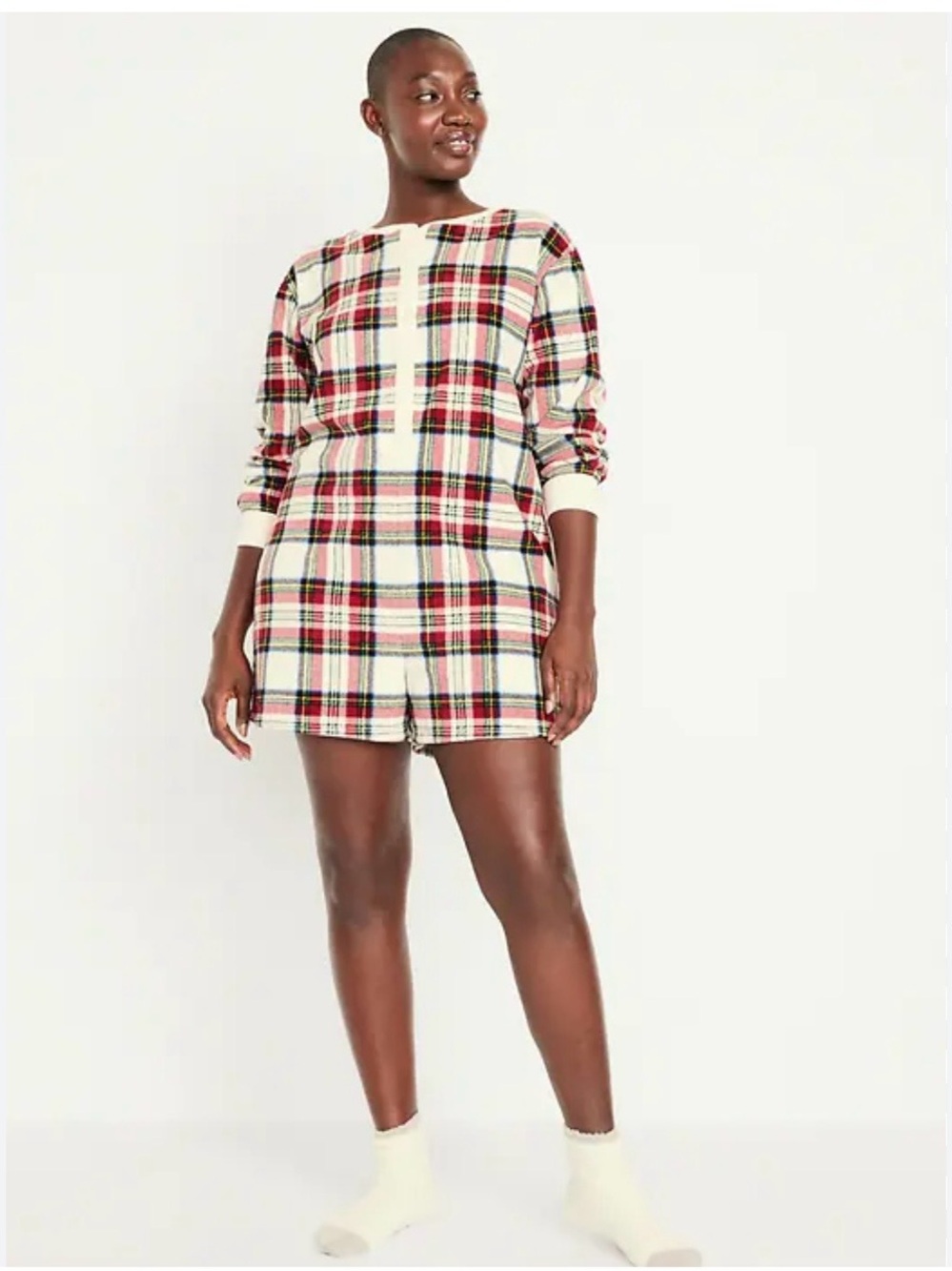 Old Navy Plaid Knit Long-Sleeve Romper PJs - Ivory and Red
